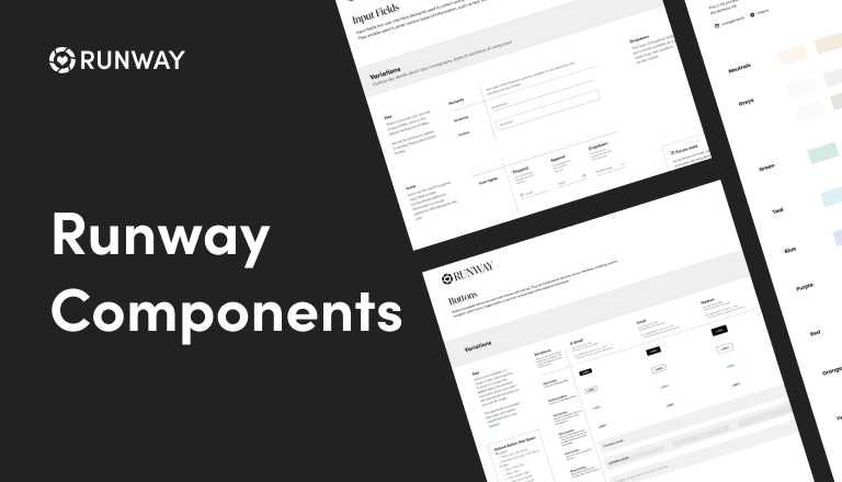 Runway design system, component documentation sheets for inputs, buttons, and color tokens